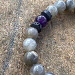 Wanderer and Gatherer - Labradorite, Lava, and Amethyst bracelet. 6.5" stretchy